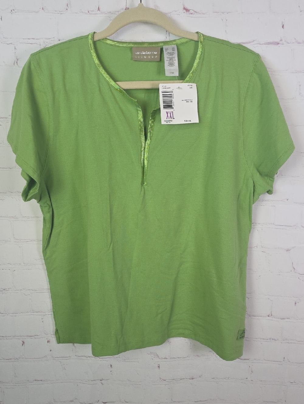 Liz Claiborne Lime Green XXL Short Sleeve Split-Neck Tee NWT